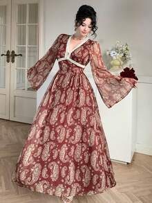 DAZY 春夏红色波西米亚风印花长裙，优雅百搭，适合情人节、婚礼、派对、正式场合，喇叭袖，高开衩，腰部系带，撞色拼接，修身剪裁，长袖，中长款连衣裙 - 酒紅色 - 查看 2