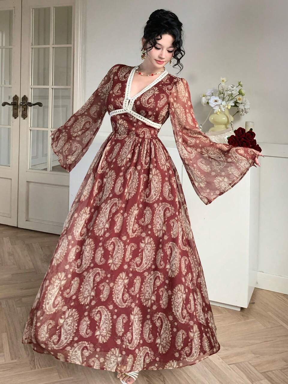 Burgundy Autumn Elegant Date Red Floral Bohemian Maxi Dress,Spring & Summer Wedding Party Formal Occasion,Trumpet Long Sleeve,High Slit Slim Fit Dress