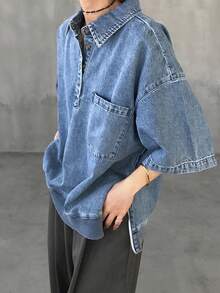Women's Button Half-Placket Drop Shoulder Loose Pocket Denim Blouse - Blue - View 4