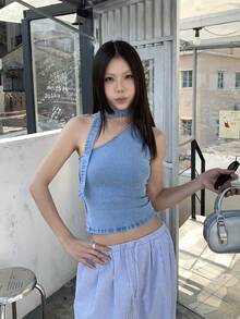DAZY Women's Retro American Style Denim Spaghetti Strap Cropped Cold-Shoulder Top - Blue - View 2
