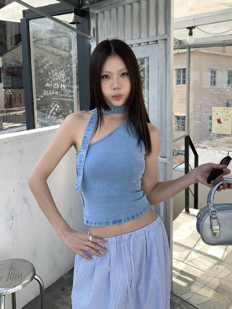 Women's Retro American Style Denim Spaghetti Strap Cropped Cold-Shoulder Top