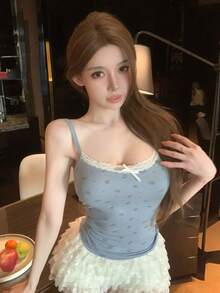 DAZY Áo hai dây ren hoa với phần ngực lưới dành cho nữ mùa hè - Màu xanh lam - Xem 5