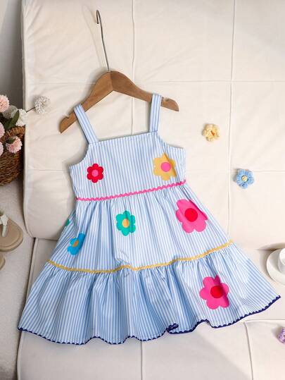 SHEIN 女童编织条纹休闲吊带连衣裙