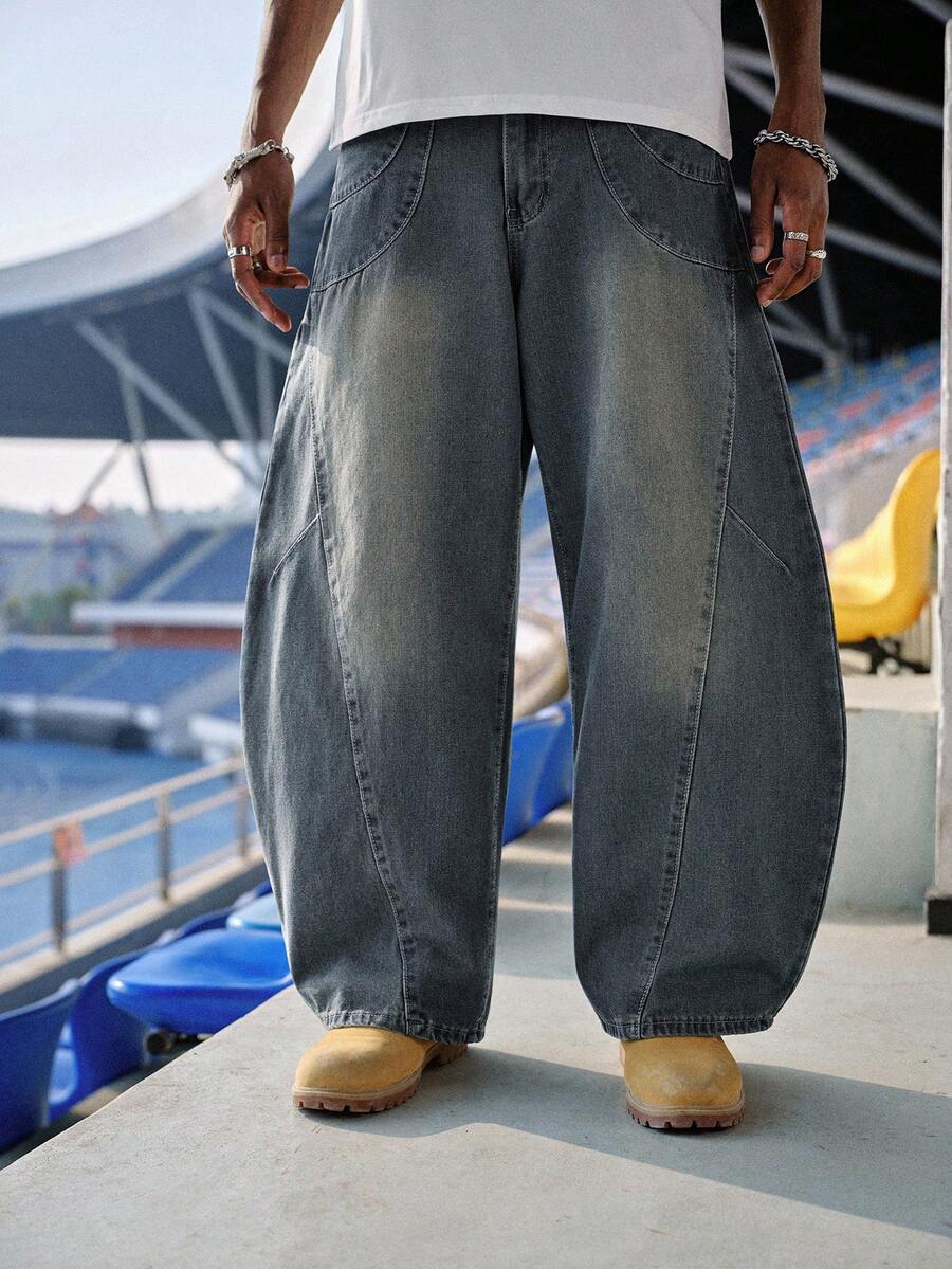 EVRINFINITE 男士休闲宽松拼接直筒做旧水洗牛仔裤，街头风 - 霧霾藍 - 查看 1