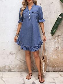 EMERY ROSE Women's Casual Notched Collar Ruffle Hem Denim Dress, Summer - Blue - View 5
