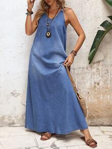 EMERY ROSE Solid Color V-Neck Loose Casual Sleeveless Denim Dress - Blue - View 7