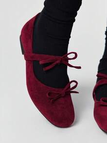 ROMWE Goth Ladies Fashion Double Bow Casual Flat Shoes - Burgundy - View 3