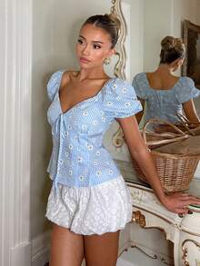 SHEIN Women's Casual Plaid Daisy Print Shirt, Summer French Style Blouse Daisy Print Blouse Blouses For Women Summer Women's Summer Outfits - Blue - View 5