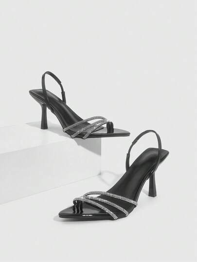 CUCCOO SZL Women Shoes Spring And Summer New Black Pointed Stiletto Rhinestone Rear Strap Women's High-Heeled Sandals Fashionable And Comfortable Versatile Sexy Party Women's Sandals