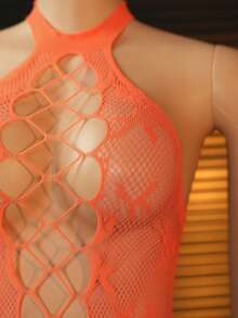 ChaseTheNight 橙色镂空性感连体裤，透视针织面料搭配过膝长袜，露背镂空设计，适合夜生活精彩瞬间 - 橘色 - 查看 8
