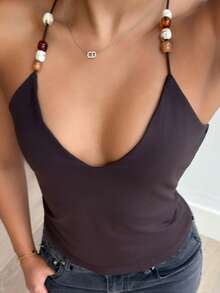 leahseptember Áo tank top hai dây màu nâu đính hạt cườm cho nữ, áo hai dây ôm sát gợi cảm kiểu retro mùa hè, áo không tay cho kỳ nghỉ đi biển. - Cà phê nâu - Xem 5