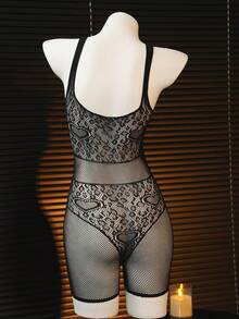 Alluring Nighttime! ChaseTheNight Black Lace Jumpsuit, Spaghetti Strap + Leopard Print Mesh Patchwork Design, Suitable For Intimate Romantic Moments - Black - View 2