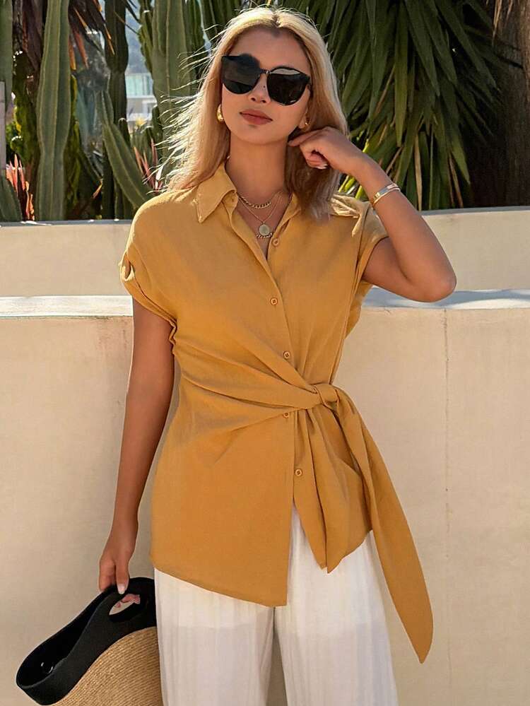 Women's Casual Solid Color Tie Front Shirt, Summer