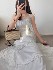 FRIFUL Đầm dài hai dây nhiều lớp xếp nếp ngọt ngào dành cho nữ. - trắng - Xem 4