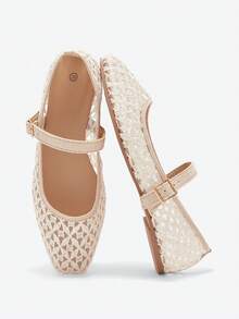 Giày bệt đế vuông thời trang ADAMUMU dành cho nữ, dự tiệc, công sở, thoáng khí, lưới rỗng, thoải mái, màu mơ - Màu be - Xem 4