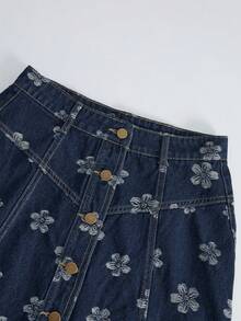 GlowEve Women's Casual Vacation & Commute Full Floral Print Single-Breasted Denim A-Line Skirt - Blue - View 4
