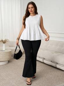 SHEIN LUNE 大码女式纯色圆领褶皱休闲百搭背心，适合度假、夏季外出、情人节等场合，白色上衣。 - 白色 - 查看 6