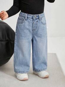 Quần ống rộng dáng suông màu xanh denim kiểu retro cho bé gái - Rửa nhẹ - Xem 4
