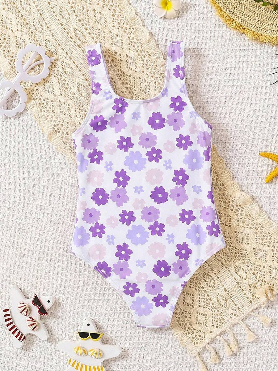 SHEIN Young Girl Cute Floral Print Tankini Swimsuit, Casual For Spring/Summer - Mauve Purple - View 1