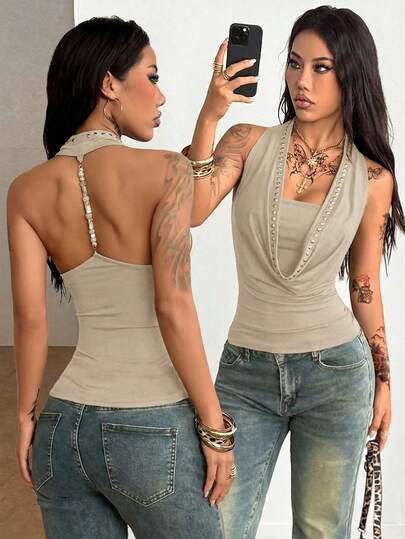 Coolane Women's Fall/Winter Streetwear Going Out Vintage Fashion Renaissance Fair Western Wear Cowgirl Y2K Gyaru Draped Collar Slim Fit Backless Beaded Halter Top