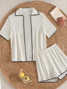 Swim Basics Women's All White Summer Casual Beach Party Vacation Holiday Outfit,Dotted Texture Mid-Sleeve Open Front Shirt & Shorts 2-Piece Set With Jagged Edge - White - View 3