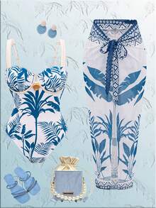 Swim Oasis Women's Sexy Underwire Padded Shell Shaped Coconut Tree Printed One-Piece Swimsuit + Matching Printed Mesh Skirt, Spring/Summer - Multicolor - View 5