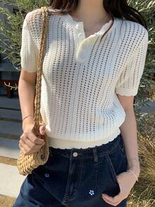 DAZY Women's Solid Color Knit Top, Versatile Korean Style, Spring/Summer Golf White Basic - White - View 2