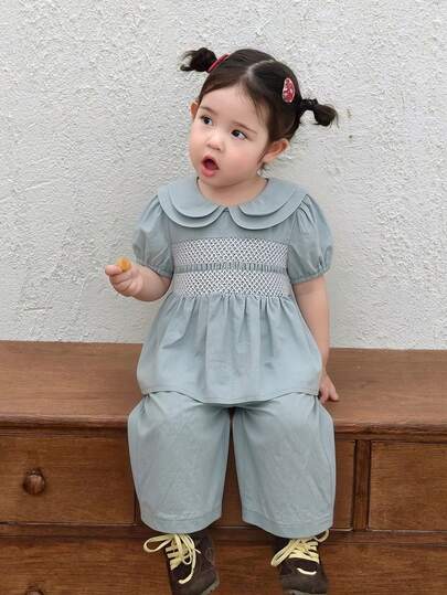 DAZY Toddler Girls' Turndown Collar Peter Pan Collar Korean Casual Mori Style Cute Shirt & Shorts Set