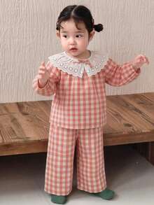 DAZY 女童格子领彼得潘领衬衫和裤子两件套睡衣 - 淺粉色 - 查看 5