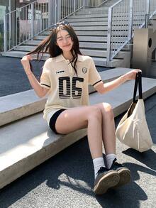 DAZY Women's Casual Numeric Pattern Short Sleeve Knit Top, Spring/Summer - Apricot - View 1