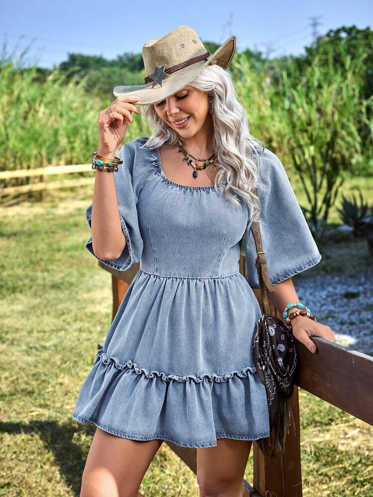 EMERY ROSE Women's Square Neck Frill Trim Short Sleeve Casual Denim Dress - Medium Wash - View 1