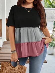 EMERY ROSE Áo tunic dáng rộng cho nữ cỡ lớn, cổ tròn, tay ngắn, phối màu, có bèo nhún, thích hợp cho mùa xuân và hè, Ngày của Mẹ. - Gỗ đỏ - Xem 5