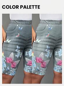 EMERY ROSE Plus Size Women Butterfly Print Casual Short Leggings - Grey - View 3