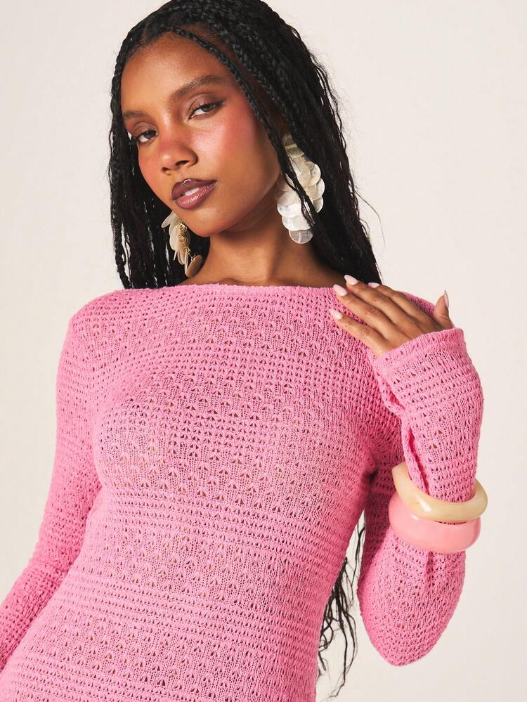 MISSGUIDED Long Sleeve Crochet Mini Dress Pink Open Knit Bodycon Party Cocktail Tie Back Detail Casual Day Evening Wear