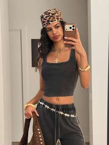 Muchica Women's Vintage Washed Square Neck Camisole And Pants Set, Summer - Black - View 5