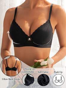 DesireSculpt Women's Solid Casual Sexy Lace Patchwork Bow Tie Diamonds Wire-Supported Lift Anti-Sagging Comfortable Bra & Instantlift Bra - Black - View 3