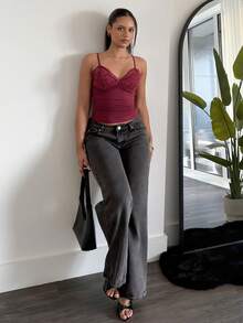 LHSEPT 优雅纯色对比蕾丝褶饰 Y2k 吊带背心 - 酒紅色 - 查看 3