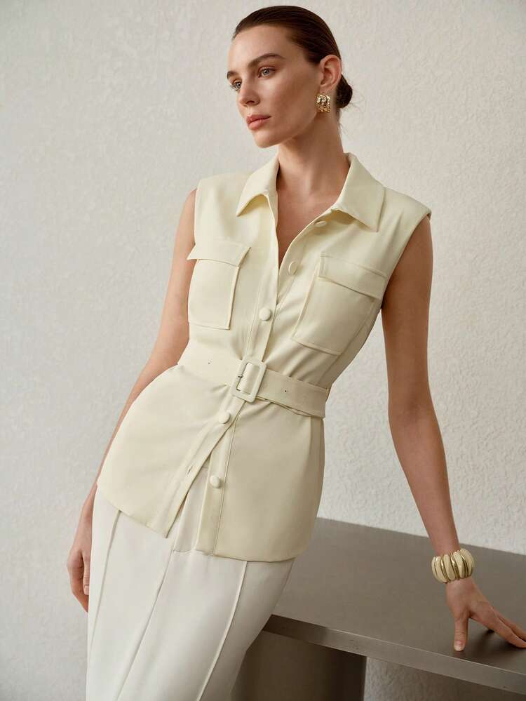 SOLID FLAP POCKET BUCKLE BELTED SLEEVELESS JACKET