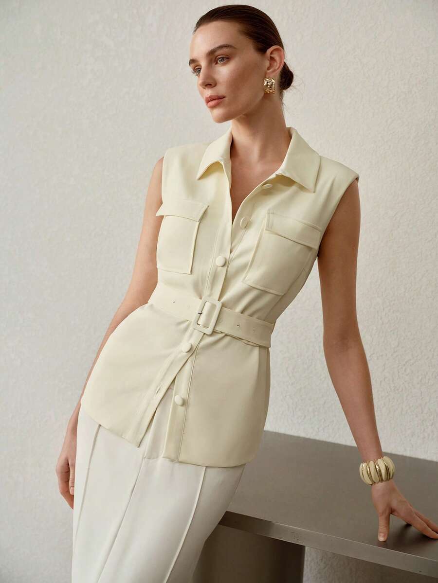 MOTF PREMIUM SOLID FLAP POCKET BUCKLE BELTED SLEEVELESS JACKET - Yellow - View 1