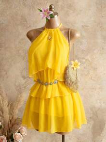 Bellisia 女士纯色吊带露背系带荷叶边连衣裙，夏季连衣裙，女士夏季连衣裙，夏季连衣裙，夏季服装，夏季服装，女士夏季服装，夏季度假服装，女士夏季服装，黄色夏季连衣裙，黄色吊带连衣裙，黄色度假连衣裙，黄色派对连衣裙 - 黃色 - 查看 6