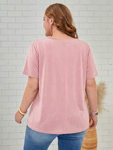 EMERY ROSE Áo thun tay ngắn cổ chữ V màu trơn dáng rộng, cỡ lớn, phong cách thường ngày, mùa hè. - Hồng - Xem 2