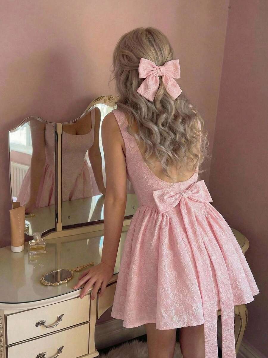 SHEIN MOD 女士复古蕾丝露背蝴蝶结迷你连衣裙 - 粉色 - 查看 1