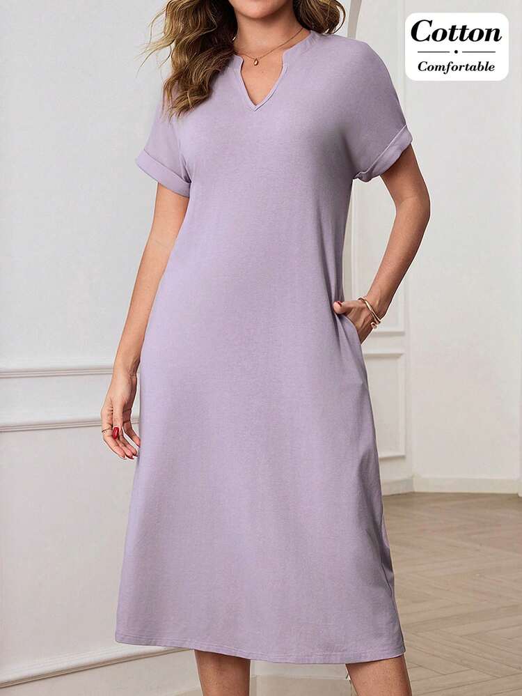 Women's Solid Color, Off-The-Shoulder Neckline, Slanted Pockets, Casual Short-Sleeved Midi Dress, Summer Dress, Knee-Length Dress, Vacation Dress, Outing Dress, Purple Dress.