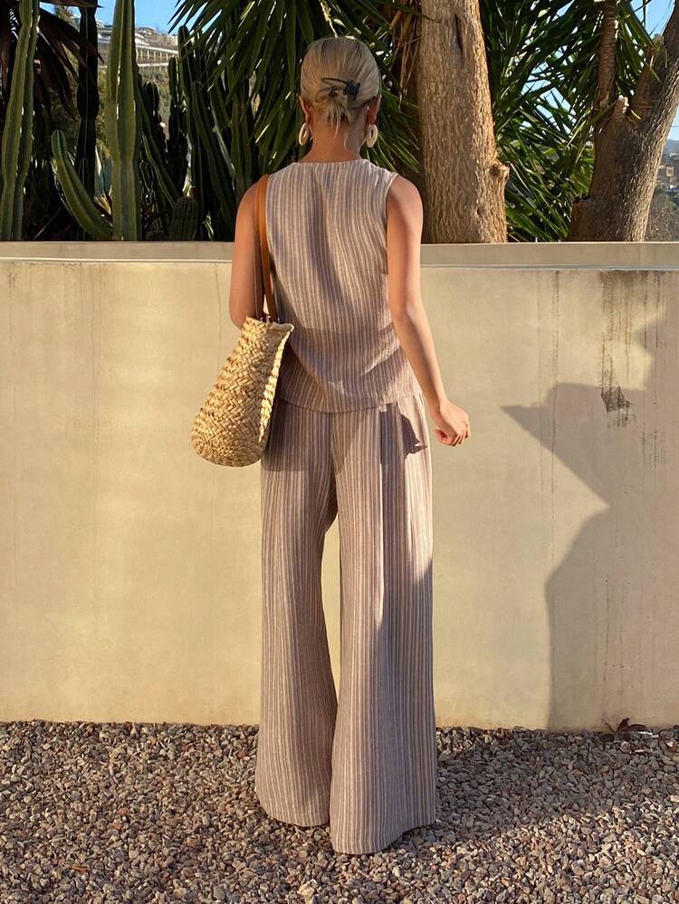 Women's Casual Striped Tie-Up Camisole And Wide Leg Pants 2 Pieces Set, Spring/Summer