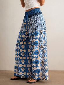 Freevana Pantalones sueltos con cintura de bolsa de papel y lazo - Azul - Ver 1