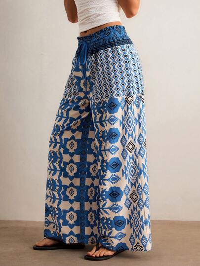 Freevana Women's Paper Bag Waist Tied Loose Leg Pants