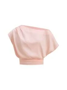 SHEIN Ellevyn 女士紫色不对称领纯色短款腰部T恤衫+亮片下摆A字裙套装，优雅日常、度假、通勤皆宜，春夏百搭。不对称肩部上衣，短袖衬衫，粉色，亮片中长裙，优雅日常穿搭，春夏女装，女士两件套，A字长款中长裙 - 粉色 - 查看 5