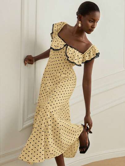 Aveloria Rosie French Retro Black & White Polka Dot Ruffle Contrast Lace Hem Flared Skirt, Adjustable Straps Versatile Romantic Elegant Dress For Women