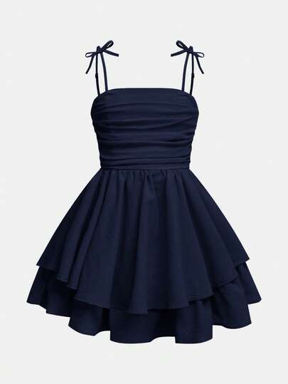 SHEIN Girlism Tween Girls' Woven Solid Color Bubble Pleated Double Layer Dress Casual Strappy French Fairy Dress,Elegant Long Sleeve Cake Dress, Great For Casual & Daily Wear & School Daily In Autumn & Winter, For Christmas ,Vacation,For Christmas,Party Wear ,Birthday Dress,Valentine's Day,Wedding Season,Princess Dress,Valentine Day Kids