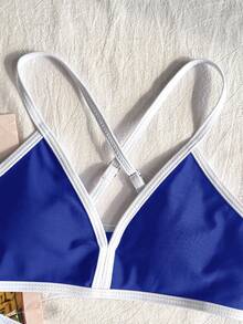 SHEIN Bộ bikini dây chéo phối màu tương phản phong cách retro dành cho bé gái tuổi teen, màu xanh navy, thích hợp cho kỳ nghỉ biển. - Xanh và trắng - Xem 5